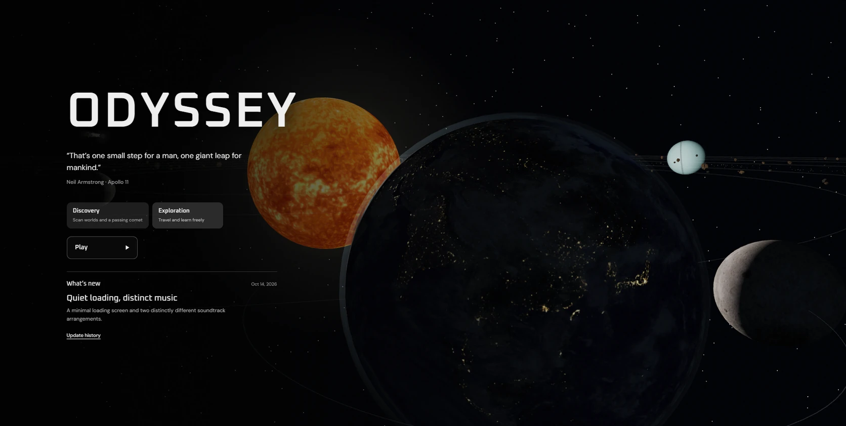 Odyssey space exploration game showing its main menu and solar system